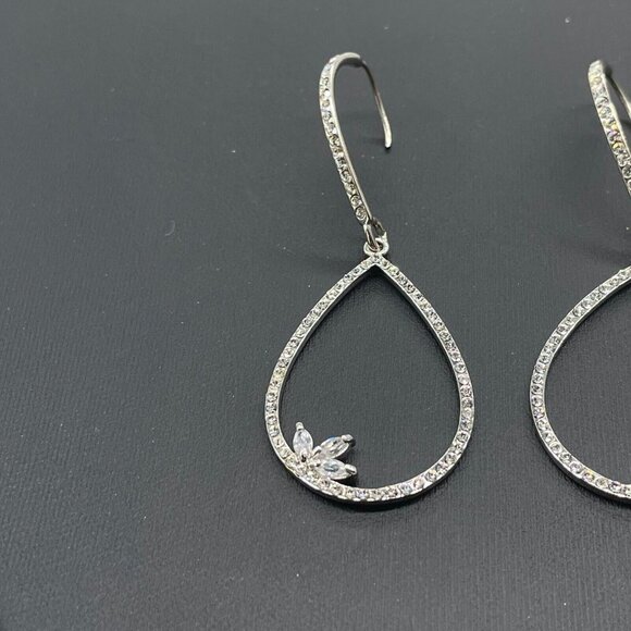 SH Pave Rhinestone Teardrop Dangle Earrings Silver Tone Hook Closure - Picture 3 of 6